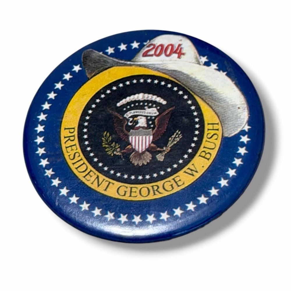 George W Bush 2004 Presidential Campaign Seal Cowboy Hat Pinback Button B86